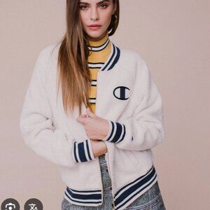Champion Womens Sherpa Fleece Varsity Bomber Zip Jacket Cream Navy Stripe S